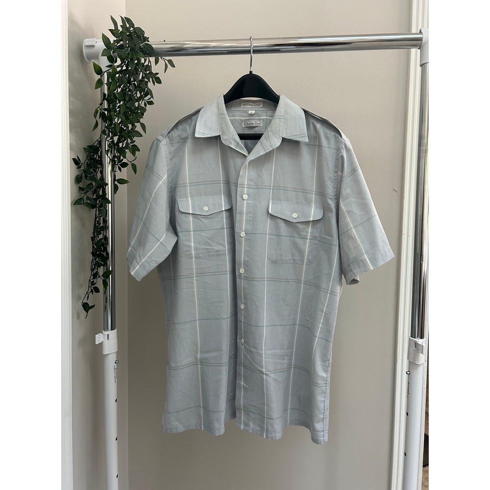 Christian Dior Plaid Short Sleeve Button Down Blue Sz L